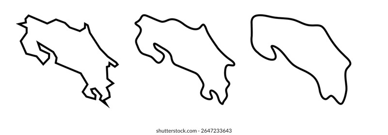 Costa Rica país silhuetas contorno preto em três diferentes níveis de suavidade. Mapas simplificados. Ícones de vetor isolados no plano de fundo branco.