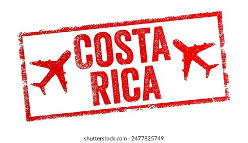 Costa Rica - is a country in the Central American region of North America, text emblem stamp with airplane