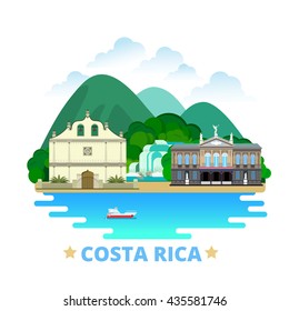 Costa Rica country design template. Flat cartoon style historic sight showplace web vector illustration. World vacation travel North America collection. National Theatre Iglesia Colonial De San Blas.