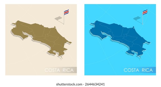 Costa Rica country flag installed on geographic positioning map point of country territory. Costa Rica commonwealth banner on land and sea. Festive patriotic HD format template for independence day