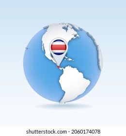 Costa Rica - country map and flag located on globe, world map. 3D Vector illustration