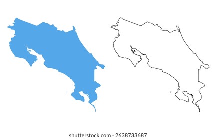 Costa Rica country map. Map in various outline and blue silhouette styles