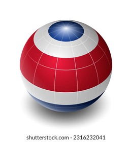 Costa Rica (CR) (Costa Rican) National Flag 2.5D Isometric View, Metallic Sphere Ball Globe Design, Flag Symbol Isolated on White Background