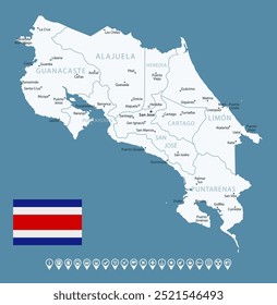 Costa Rica - mapa azul detallado del país con las ciudades y regiones. Iconos infográficos. Ilustración vectorial