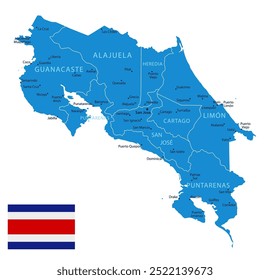 Costa Rica - mapa azul detallado del país con las ciudades y regiones. Ilustración vectorial.