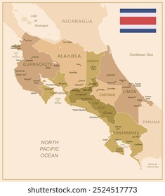 Costa Rica - detailed map of the country in brown colors, divided into regions. Vector illustration