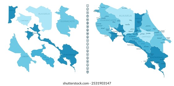 Costa Rica - mapa detallado del país en colores azules, dividido en regiones. Iconos infográficos. Ilustración vectorial.