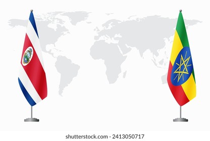 Costa Rica and Ethiopia flags for official meeting against background of world map.