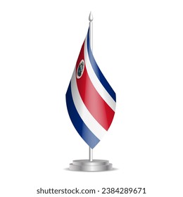 Bandera de Costa Rica - mini bandera 3D colgada en el asta de escritorio. Se puede utilizar para la presentación en la cumbre o en la conferencia. Ilustración vectorial con sombreado.