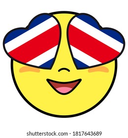 Costa Rica flag button. Patriotic smile in hearts glasses. Emoji icon isolated on white background.