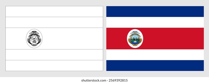 Costa Rica flag - coloring page. Set of white wireframe thin black outline flag and original colored flag.