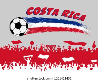 Costa Rica flag colors with soccer ball and Costa Rican supporters silhouettes. All the objects, brush strokes and silhouettes are in different layers and the text types do not need any font. 