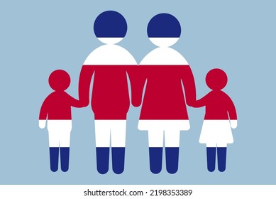 Costa Rica flag with family concept, vector element, parent and kids holding hands, immigrant idea, happy family with Costa Rica flag, flat design asset