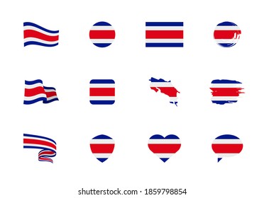 Costa Rica flag - flat collection. Flags of different shaped twelve flat icons. Vector illustration set