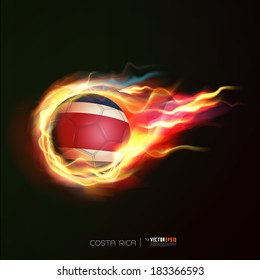 Costa Rica flag with flying soccer ball on fire isolated black background, vector illustration