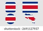 Costa Rica Flag Icon Set. Round, Square, Rectangular, and Map Shapes. Ideal for presentations, infographics, apps, and web design