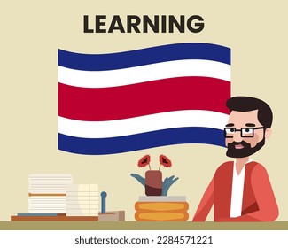 Costa Rica flag with a male teacher, learning or teaching Costa Rica language, bearded man with glasses and country flag vector design, language school concept