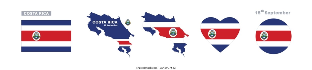 bandeira da costa rica e conjunto de mapas. bandeira da costa rica em cores e proporções oficiais. dia da independência 15 de setembro , mapa, círculo e coração em forma costa rica