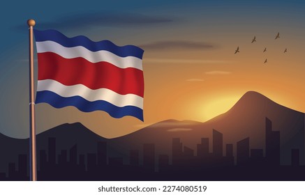 Costa Rica flag with mountains and morning sun in the background