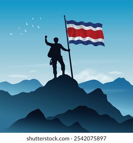 Costa Rica Flag raised on a mountain peak with clear sky in the background, vector illustration