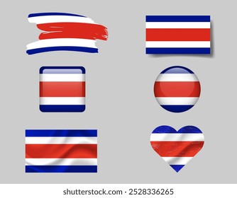 Conjunto de ícones da bandeira da Costa Rica. Bandeira vetorial da Costa Rica, símbolo. Conjunto de Botão de bandeiras da Costa Rica, escova, acenado, coração.