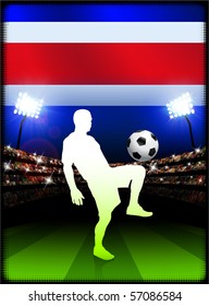 Costa Rica Flag with Soccer Player on Stadium Background Original Illustration