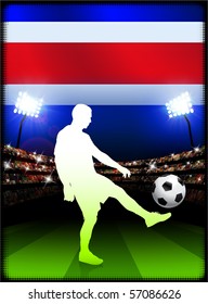 Costa Rica Flag with Soccer Player on Stadium Background Original Illustration