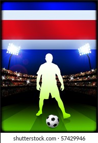 Costa Rica Flag with Soccer Player on Stadium Background Original Illustration