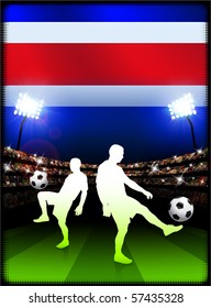 Costa Rica Flag with Soccer Player on Stadium Background Original Illustration