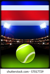 Costa Rica Flag with Tennis Ball on Stadium Background Original Illustration