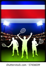 Costa Rica Flag with Tennis Player on Stadium Background Original Illustration