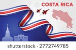 Costa Rica Flag Wave Background with Map and Ribbon Style Vector Illustration