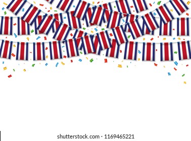 Costa Rica flags garland white background with confetti, Hang bunting for Independence Day celebration template banner, Vector illustration