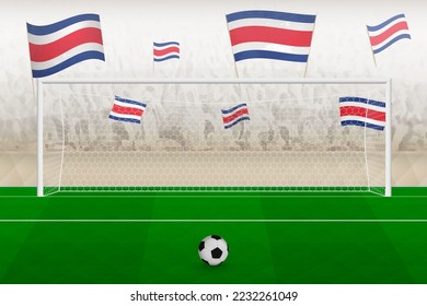 Costa Rica football team fans with flags of Costa Rica cheering on stadium, penalty kick concept in a soccer match. Sports vector illustration.