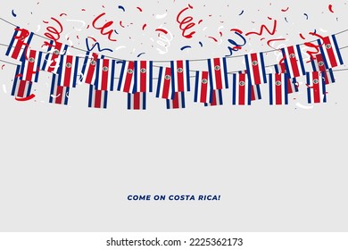 Costa Rica garland flag with confetti on white background, Hang bunting for Costa Rica celebration template banner.