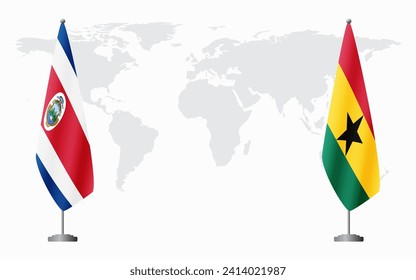Costa Rica and Ghana flags for official meeting against background of world map.