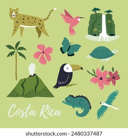 Costa Rica hand drawn illustrated vector poster, decoration with famous natural landmarks, animals