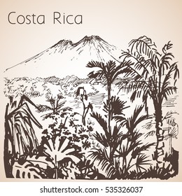 Costa Rica hand drawn landscape. Sketch. Isolated on white background