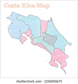 Costa Rica hand-drawn map. Colorful sketchy country outline. Elegant Costa Rica map with provinces. Vector illustration.