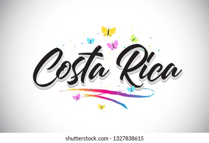 Costa Rica Handwritten Word Text with Butterflies and Colorful Swoosh Vector Illustration Design.