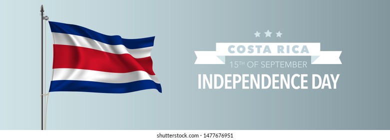 Costa Rica happy independence day greeting card, banner vector illustration. Costa Rican national holiday 15th of September design element with waving flag on flagpole 