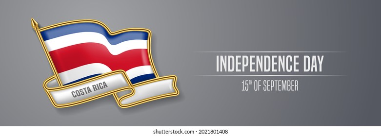 Costa Rica happy independence day greeting card, banner vector illustration. Costa Rican national holiday 15th of September design element with 3D pin with flag