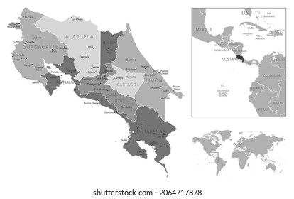 Costa Rica - highly detailed black and white map. Vector illustration