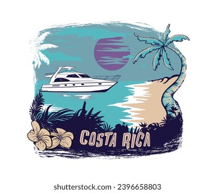 costa rica holiday tour vector design, yacht beach travel design, luxury summer beach vacation artwork, beach boat club, costa rica tropical beach design for t shirt, sticker, poster, graphic print