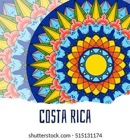 Costa Rica Illustrationsvektor. Dekorierte Teekarreta-Ornament-Radgestaltung für Touristensymbole, Karten, Banner oder Flyer.