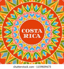 Costa Rica Illustrationsvektor. Traditionell dekorierte Kaffeekarreta-Ornament-Radmuster für Touristenpostkarte, Resort-Banner oder Reiseflyer.