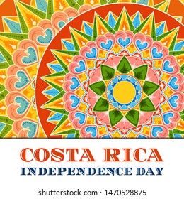 Costa Rica Independence Day, 15 September, illustration vector. Decorated background with traditional ornament pattern from coffee carreta wheel for holiday card, banner, flyer or poster design.