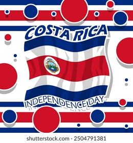 Anuncio del Día de la Independencia de Costa Rica. Bandera de Costa Rica ondeando con cinta y decoración de puntos sobre fondo blanco para celebrar el 15 de septiembre