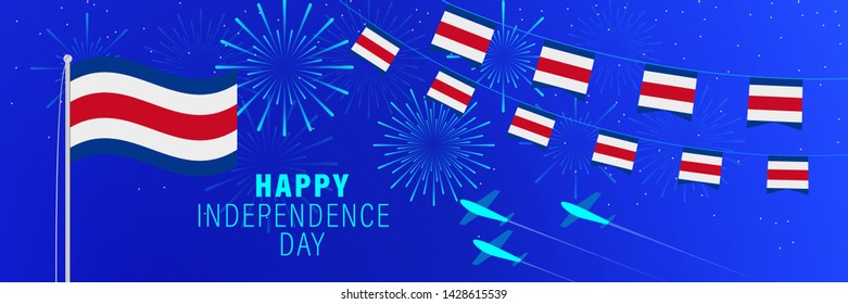 September 15 Costa Rica Independence Day greeting card. Celebration background with fireworks, flags, flagpole and text.