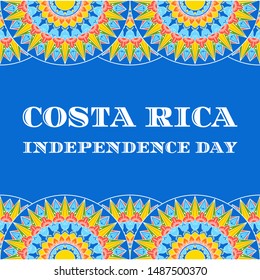 Costa Rica Independence Day Illustration Vektorillustration. Blauer Hintergrund mit traditionellem Ornament-Muster aus dem Cox-Karren-Rad für Karneval-Poster, Karte, Banner oder Flyer-Design.